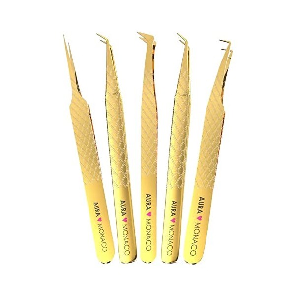 AURA Monaco Lot de 5 pinces à épiler de qualité supérieure - Pour extensions de cils