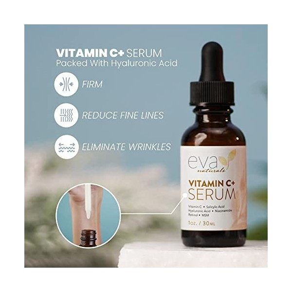 Eva Naturals Sérum Vitamine C avec 2% de Rétinol, 3,5% de Niacinamide, 5% dAcide Hyaluronique, 2% dAcide Salicylique, 10% d