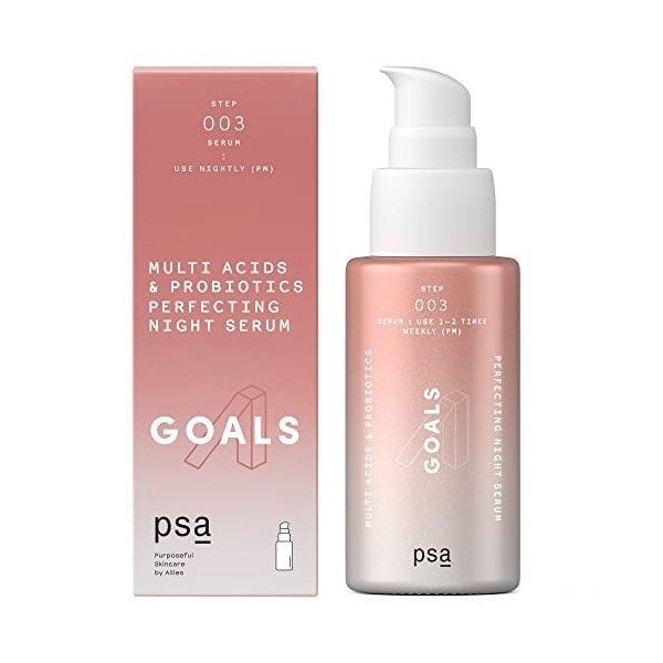 PSA GOALS Multi Acids & Probiotics Perfecting Night Serum: Exfoliating Night Serum with Glycolic, Lactic, Pyruvic, BHA & PHA,