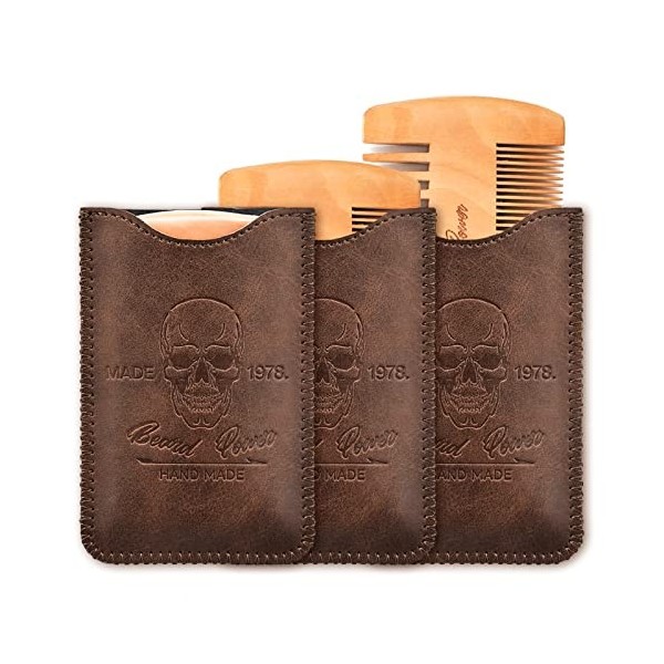 Menesia Peigne à barbe en bois avec étui pour homme, dents fines et grossières, peigne de poche en bois pour barbe, moustache...