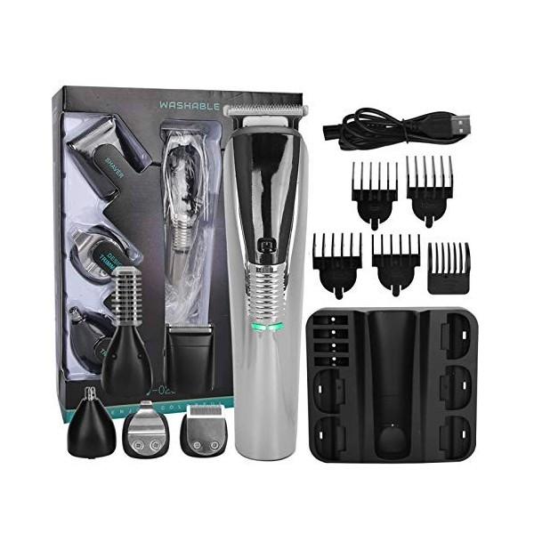 Tondeuse à barbe électrique 6 en 1, tondeuse à cheveux USB pour hommes avec 6 têtes de couteau de rechange pour salon de coif