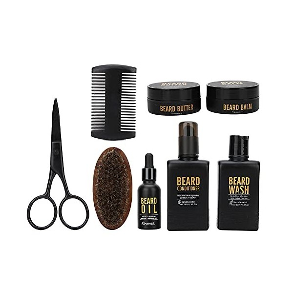 Ensemble de Soins de la Barbe, 8 Pièces Kit de Soins de la Barbe Brosse à Barbe Ciseaux Nettoyage Hydratant Ensemble de Modél