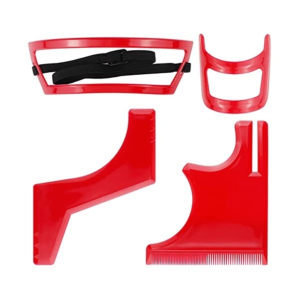 Lot de 4 outils de façonnage de barbe en plastique rouge – Ensemble de modèles de barbe pour homme – Ensemble de modèles de r