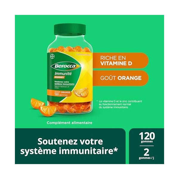 Berocca® Immunité gommes - Multivitamines Complément alimentaire - 8 vitamines et minéraux - Dont vitamine C, D et Zinc - Sou