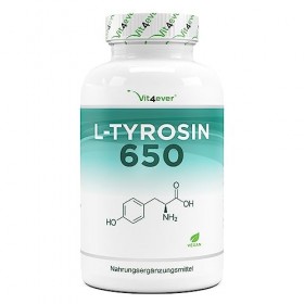 L-Tyrosine - 240 capsules - 1300 mg par portion journalière - 4 mois dapprovisionnement - Végétalien - Dosage élevé - Acide 