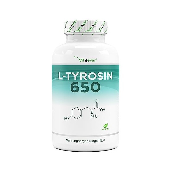 L-Tyrosine - 240 capsules - 1300 mg par portion journalière - 4 mois dapprovisionnement - Végétalien - Dosage élevé - Acide 