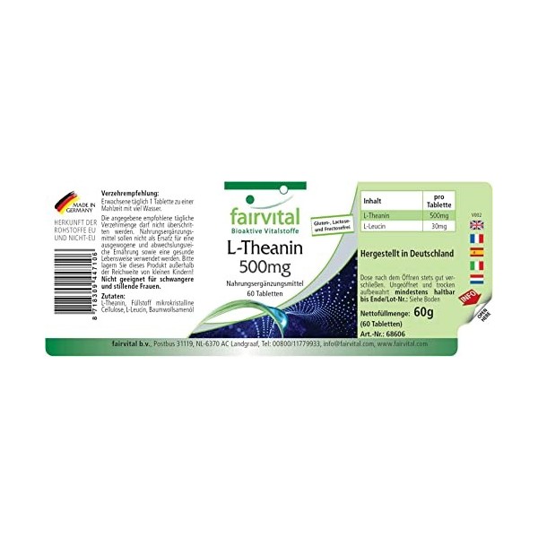 Fairvital | L-théanine 500mg - pendant 2 mois - VEGAN - Fortement dosé - 60 comprimés - acide animé
