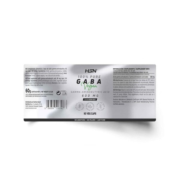 HSN GABA 600 MG | 90 Gélules Légumes - 100% PURE GABA Acide Gamma Aminobutyrique - Acide Aminobutyrique Sans Ajout ni Excipie