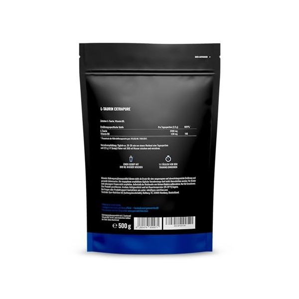 Poudre de taurine de qualité supérieure - 500 g - Solubilité optimale - Végétalien - Pure & sans additifs - Qualité testée en