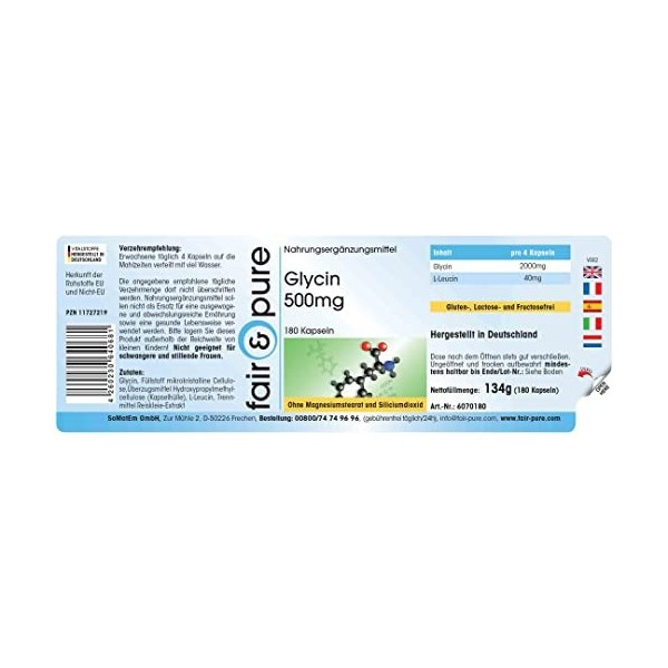 Fair & Pure® - Glycine 500mg - végan - fortement dosé - avec 2000mg de glycine par dose journalière - 180 gélules