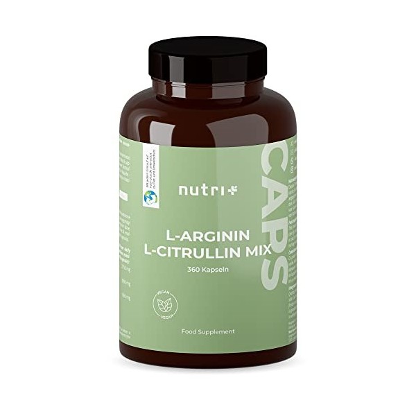 Arginine citrulline capsules - 360 caps hautement dosées + vegan - 3000mg L-citrulline malate + L-arginine base - musculation