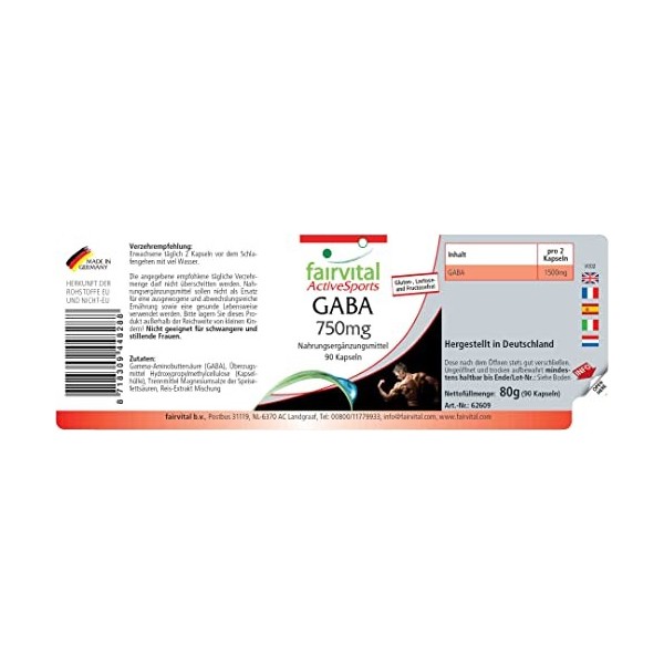 Fairvital | GABA 750mg - pour 45 JOURS - 1500mg par dose journalière - VEGAN - 90 gélules - Acide γ-aminobutyrique