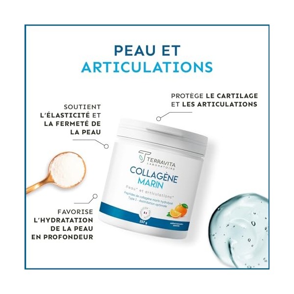 COLLAGÈNE MARIN Breveté en Poudre + Vit C | 250 Grammes de Peptides de Collagène Purs de Type 1 | Articulations Souples, Peau