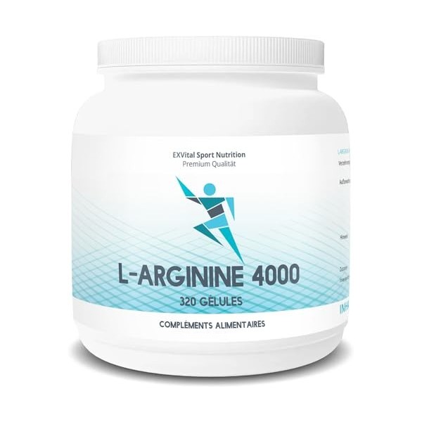 EXVital L-Arginine 4000 Base, hautement dosée, 320 gélules de qualité supérieure allemande, acides aminés semi-essentiels, vé