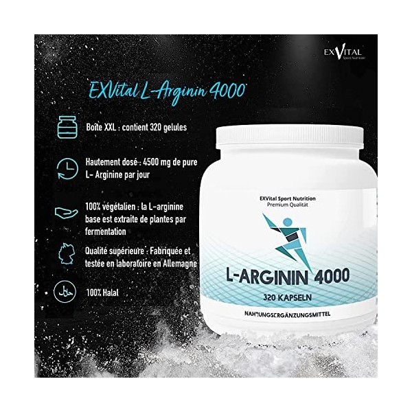 EXVital L-Arginine 4000 Base, hautement dosée, 320 gélules de qualité supérieure allemande, acides aminés semi-essentiels, vé