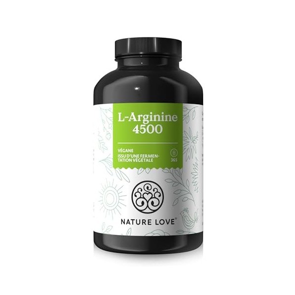 NATURE LOVE® L-Arginine - 365 gélules - hautement dosé : 4500mg de HCL dont 3750mg de L-arginine par dose journalière - fer