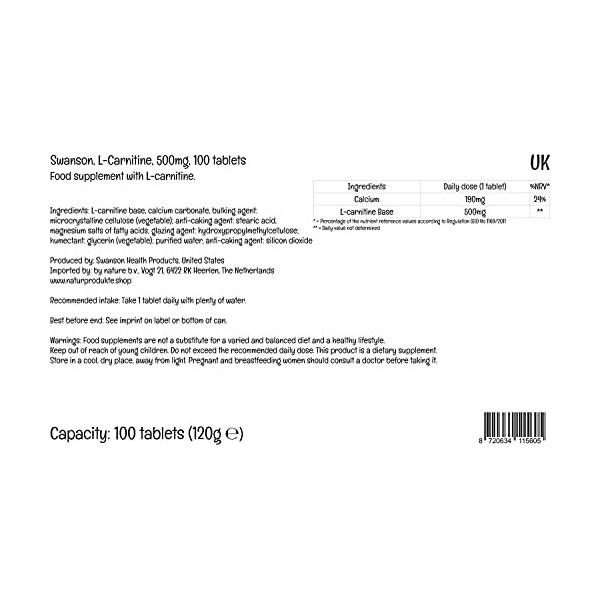 Swanson, L-Carnitine L-Carnitine Base , 500mg, 100 Comprimés végétaliens, Hautement Dosés, Testés en Laboratoire, Végétarien