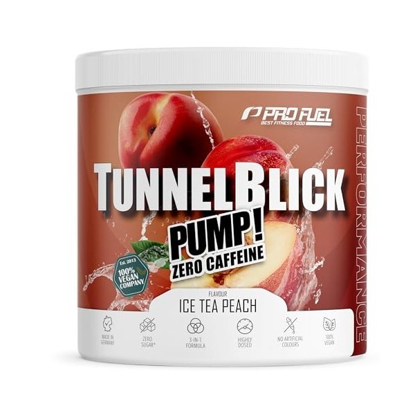 TUNNELBLICK® Pump Booster sans caféine Ice Tea Peach 440 g – Matrix avec citrulline, arginine, taurine, tyrosine et extraits 