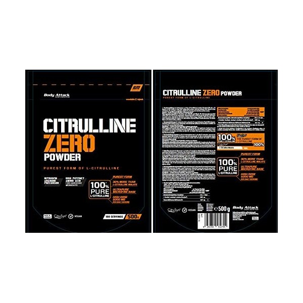 Body Attack Citrulline Zero 500 g / 100 portions, 100 % pure L-citrulline avec vitamine B6, ingrédient actif breveté Citrusyn