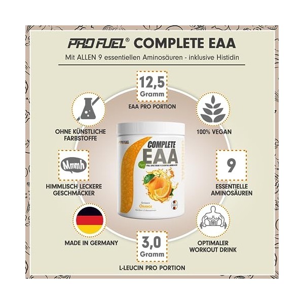 EAA Poudre 500 g Orange – 12 500 mg dacides aminés essentiels – incroyablement savoureux et rafraîchissant – EAA Complete EA