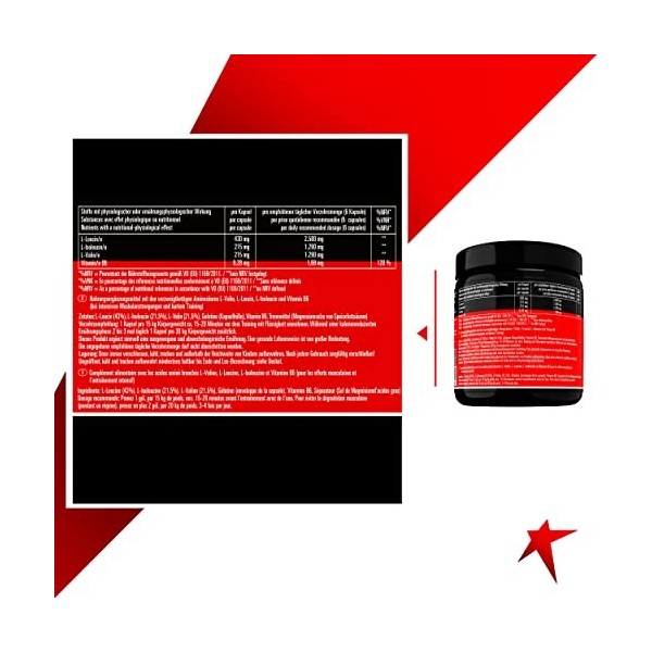 BCAA CAPS Lot de 300 capsules dacides aminés essentiels leucine, isoleucine, valine plus vitamine B6 dans un rapport éprouvé