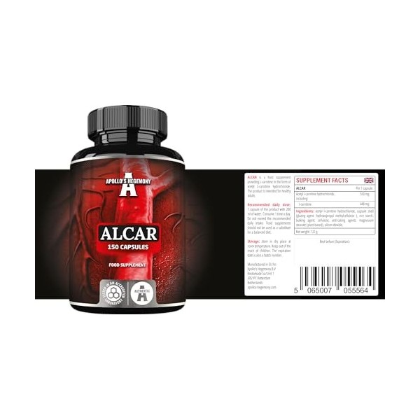 Acetyl L-Carnitine HCL 550 mg | ALCAR 150 Capsules | 5 Mois dapprovisionnement | Supplément alimentaire à haute dose dacide