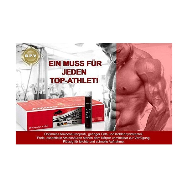 BPV – AMPOULES AMINO – 20 pièces de 25 ml – Acides aminés, BCAA, EAA – Idéal pour la phase de renforcement musculaire, la pha