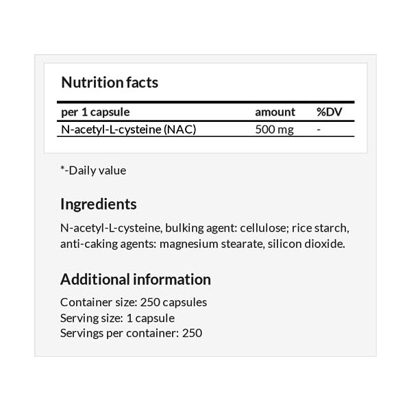 NAC 500 mg | N-Acetyl L-Cysteine 250 gélules végétaliennes | approvisionnement de 8 mois | Supplément alimentaire dacides am