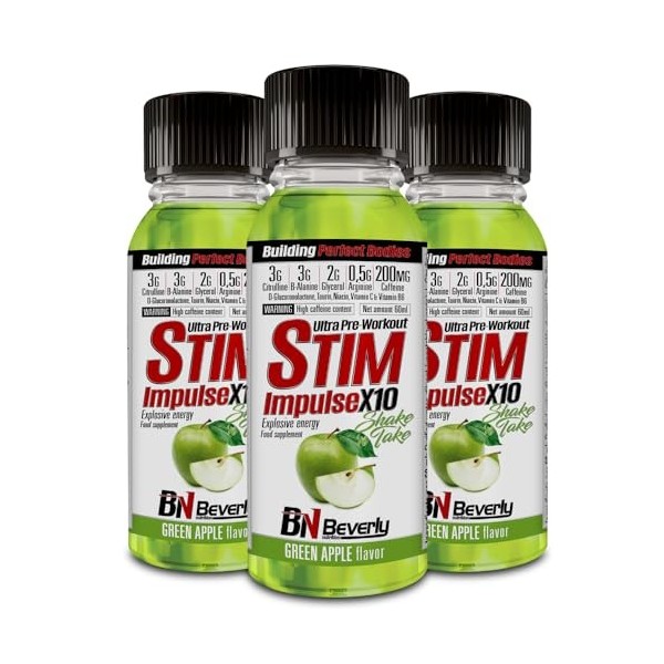 Beverly Stim Impulse X10 | Pré entraînement 20 flacons x 60 ml | Goût Pomme | Bêta Alanine, Citrulline, Glycérol, Arginine et