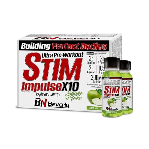 Beverly Stim Impulse X10 | Pré entraînement 20 flacons x 60 ml | Goût Pomme | Bêta Alanine, Citrulline, Glycérol, Arginine et