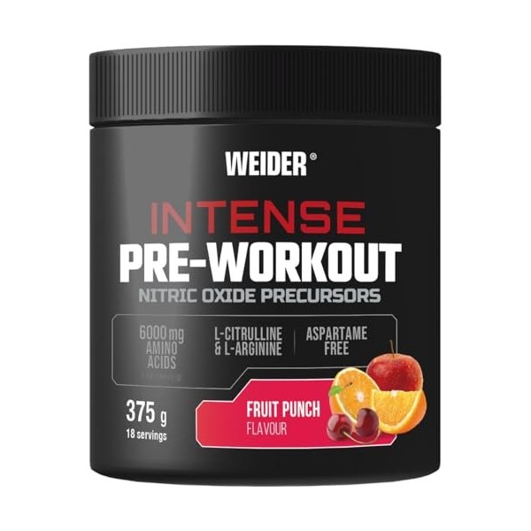 Weider Intense Pre-workout 375g Saveur Fruit Punch. Précurseur dOxyde nitrique, avec 200 mg de Caféine et 6000 mg dacides