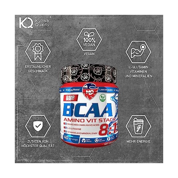 MLO BCAA 8:1:1 Acides aminés BCAA Poudre avec L-glutamine, complexe vitaminé, coenzyme Q10, sans gluten, régénération rapide,