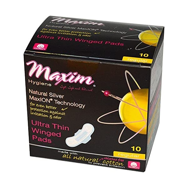 Maxim MaxION Coton féminin Pads régulier, 2 Pack : 100% coton, ultra-mince, Tapis menstruelles Winged - Protection Naturelle