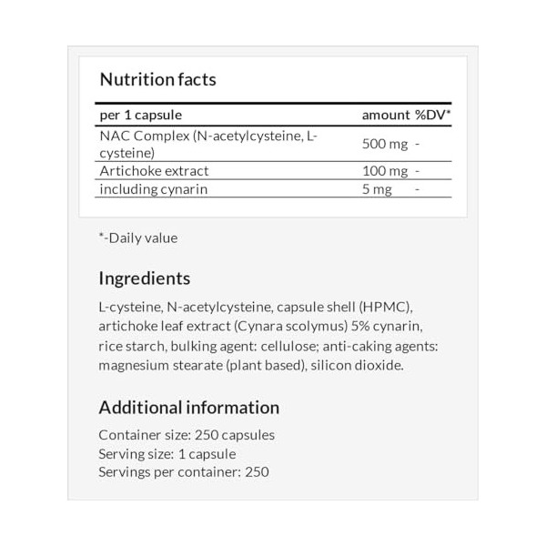 NAC + 600 mg - N-Acétyl L-Cystéine et Extrait dArtichaut, 250 gélules végétaliennes, 8 mois dapprovisionnement, Supplément 