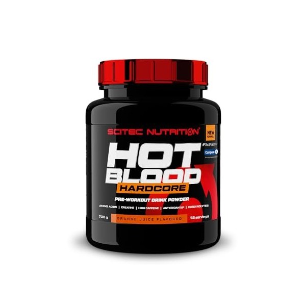 Scitec Nutrition Hot Blood Hardcore, Poudre de boisson pré-entraînement avec acides aminés et créatine, 700 g, Juice d’orange