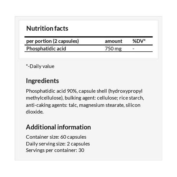 Acide phosphatidique 750mg par dose journalière - 60 gélules végétaliennes - 1 mois dapprovisionnement - Soutien naturel des