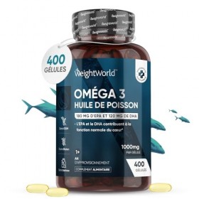 Oméga 3 1000mg Huile de Poissons Sauvages - 400 Gélules Biodisponibles, 180 mg EPA, 120 mg DHA Pour +1 An - Forte Concentrati