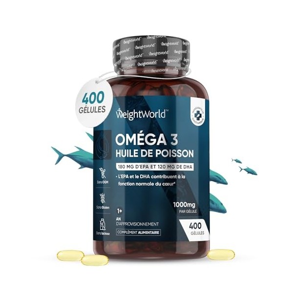 Oméga 3 1000mg Huile de Poissons Sauvages - 400 Gélules Biodisponibles, 180 mg EPA, 120 mg DHA Pour +1 An - Forte Concentrati