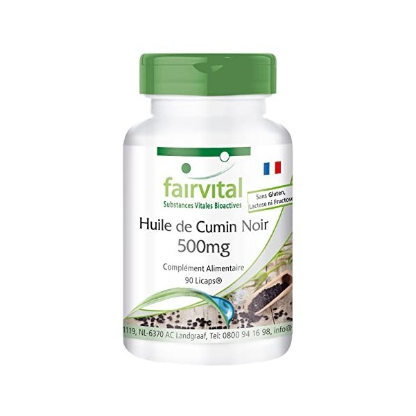 Fairvital | Huile de Cumin Noir 500mg - VEGAN - huile de Nigelle égyptienne - Fortement dosé - 90 Licaps - Riche en acides gr