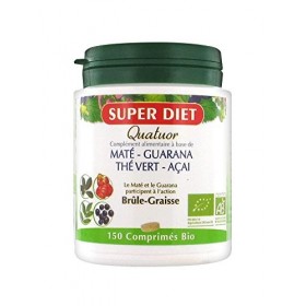 SUPERDIET - QUATUOR BRÛLE-GRAISSE BIO - Maté, Guarana, Thé vert, Açaï - Fabrication Française - 150 comprimés