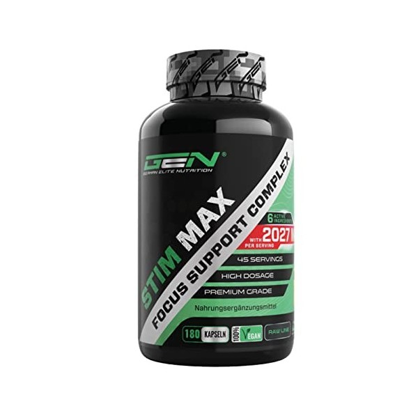 Stim Max - Complexe pour Focus & Concentration - 180 gélules - Extra fort - Combinaison de : caféine, L-théanine, guarana, D-