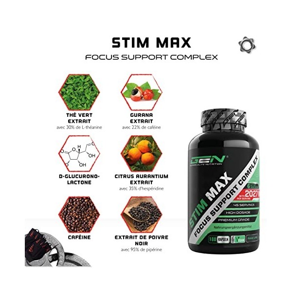 Stim Max - Complexe pour Focus & Concentration - 180 gélules - Extra fort - Combinaison de : caféine, L-théanine, guarana, D-