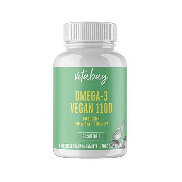 Vitabay Omega 3 gélules VEGAN – 60 gélules 1100 mg 2 par jour – Huile dalgues avec DHA EPA – Hautement dosé Omega 3 Gélule