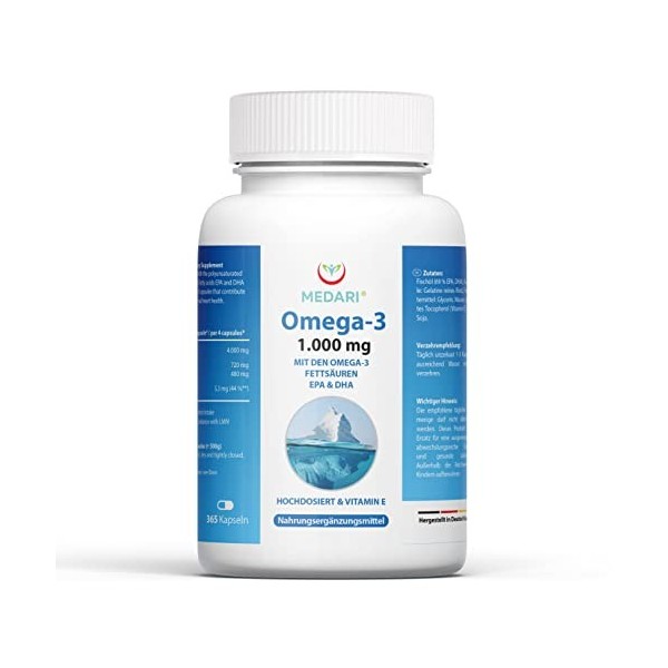 Huile de poisson Omega 3 1000 mg Le meilleur de la mer dans une capsule. Acides gras oméga-3 365 Acide eicosapentaénoïque EP