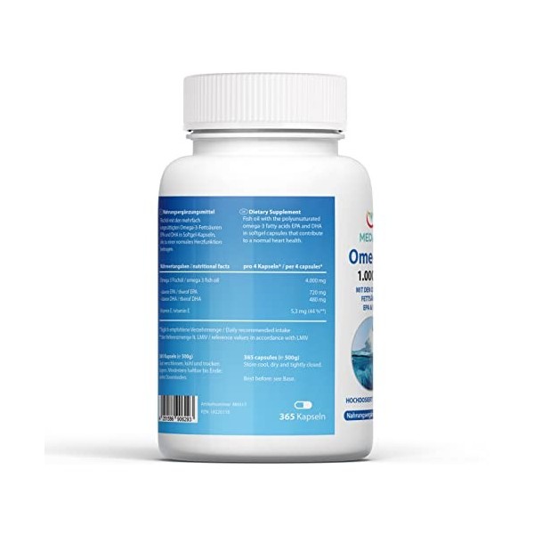 Huile de poisson Omega 3 1000 mg Le meilleur de la mer dans une capsule. Acides gras oméga-3 365 Acide eicosapentaénoïque EP