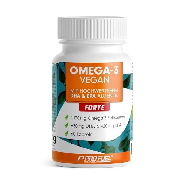 Oméga-3 Végétalien Forte – 60 capsules – 2000 mg dhuile dalgues par jour – Hautement dosé avec 630 mg de DHA + 420 mg dEPA