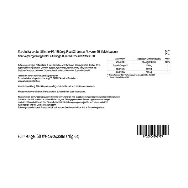 Nordic Naturals, Ultimate Omega-D3, 1280mg dOméga-3, avec EPA, DHA et Vitamine D3, Haute Dosé, Goût Citron, 60 Capsules moll