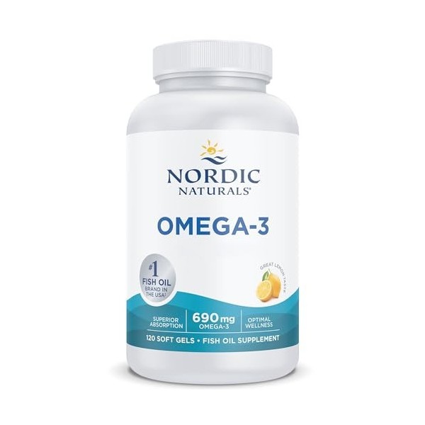 Nordic Naturals, Omega-3, 690mg, avec EPA et DHA, Haute Dosé, Goût Citron, 120 Capsules molles, Testé en Laboratoire, Sans So