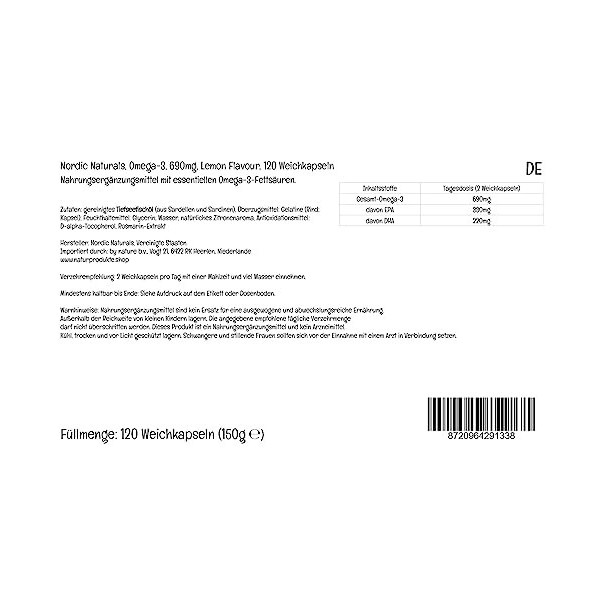 Nordic Naturals, Omega-3, 690mg, avec EPA et DHA, Haute Dosé, Goût Citron, 120 Capsules molles, Testé en Laboratoire, Sans So