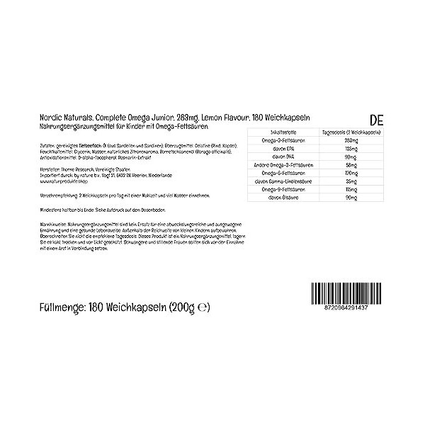 Nordic Naturals, Complete Omega-3 JR, 283mg Omega-3, pour Enfants, Arôme Citron, avec EPA et DHA, 180 Capsules molles, Testé 